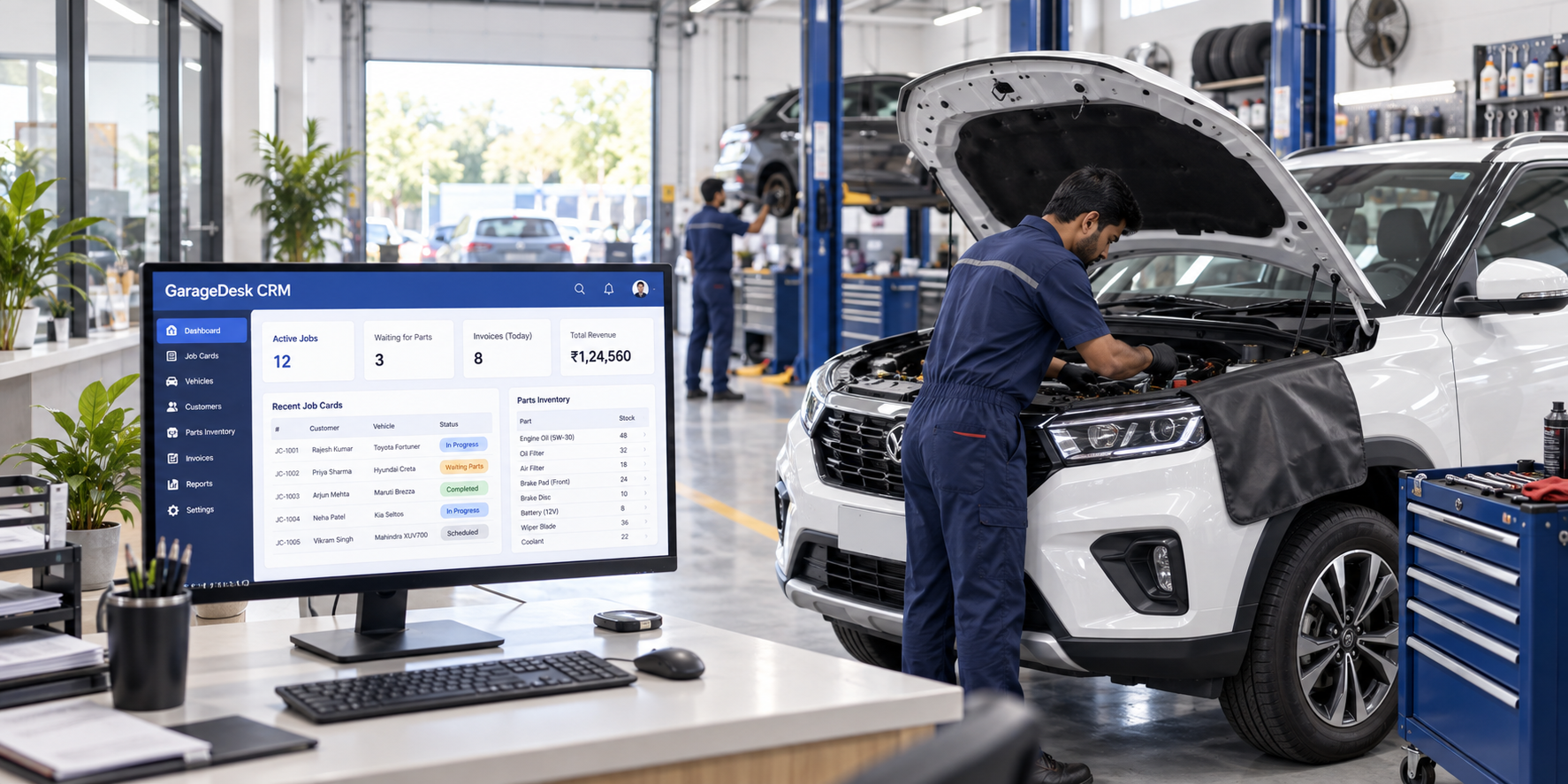 GarageDesk CRM dashboard at a garage desk beside a mechanic repairing a vehicle